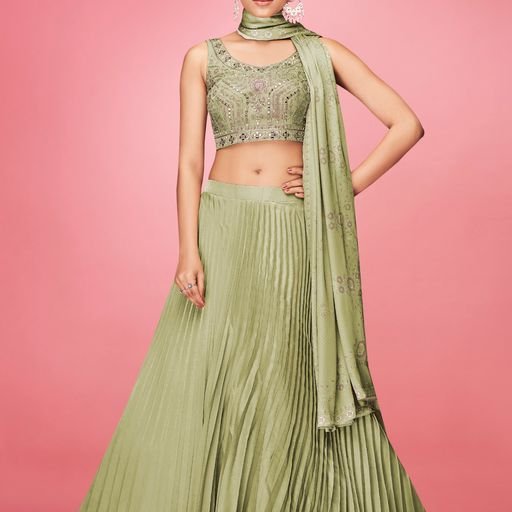 Designer Green  Color Lehenga Choli With Crush ,  Thread And Hand  Work    Wedding Party Wear Lehenga Choli With Dupatta