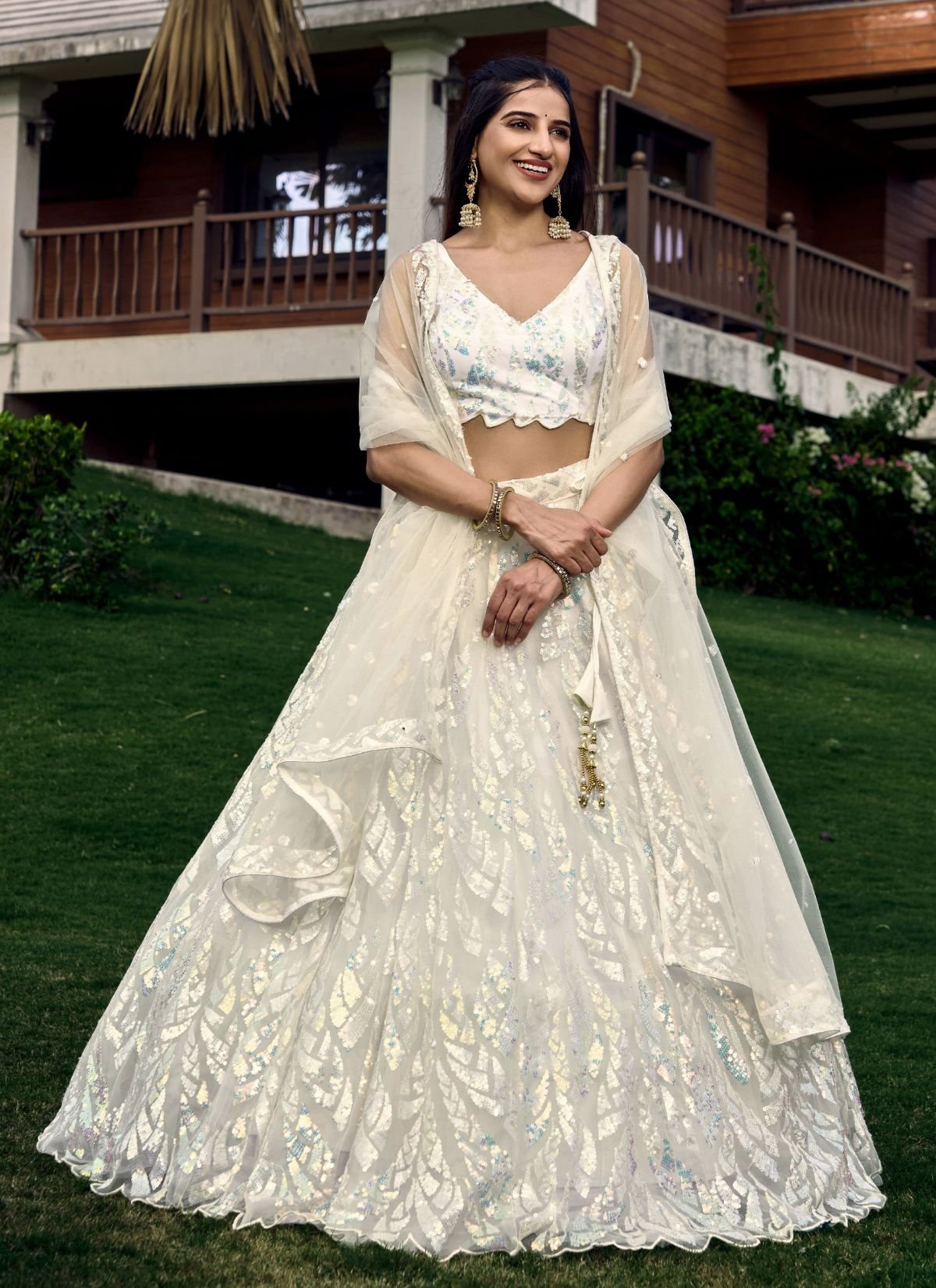Pearl White Premium Party Lehenga Set With Sequin Work