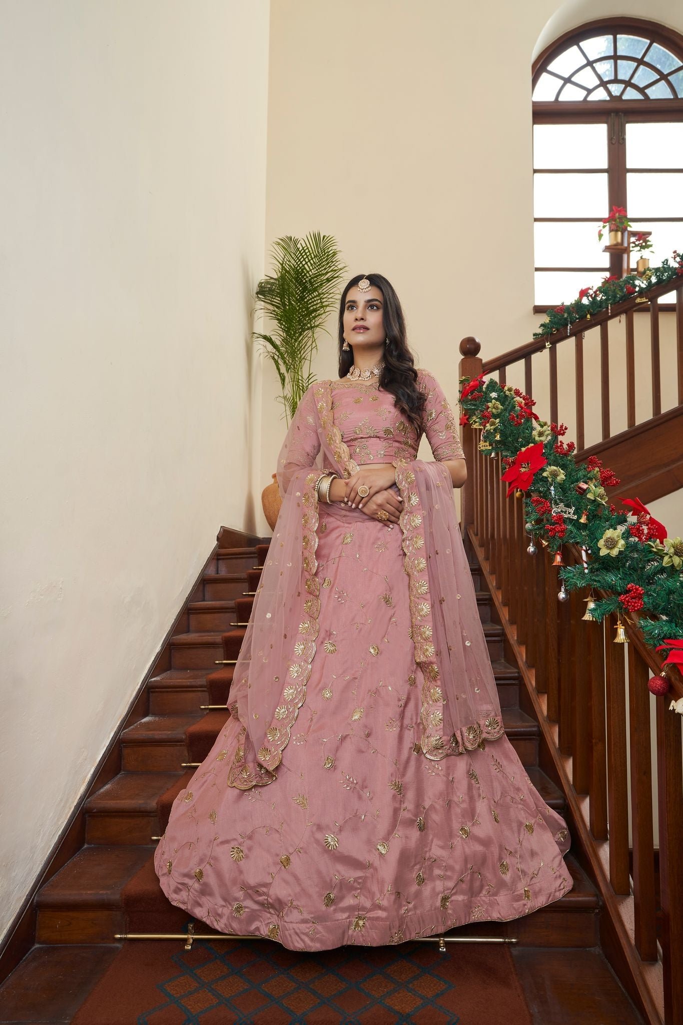 Peach Zari & Sequins Embroidery Work Lehenga Choli With Butterfly Net Dupatta