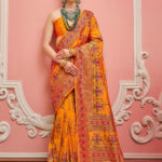 Apricot Orange Banarasi Silk Saree With Kashmiri Work