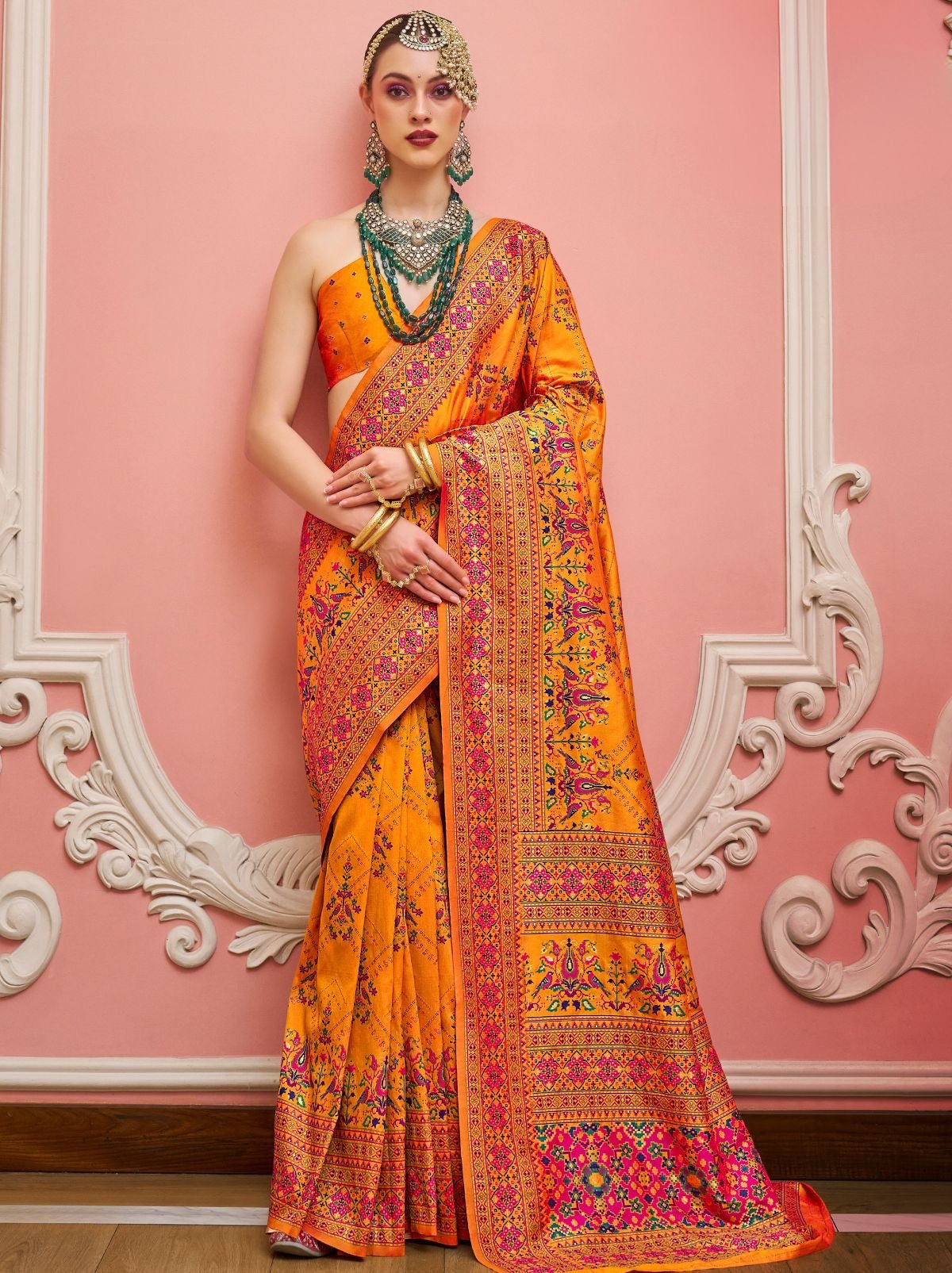 Apricot Orange Banarasi Silk Saree With Kashmiri Work