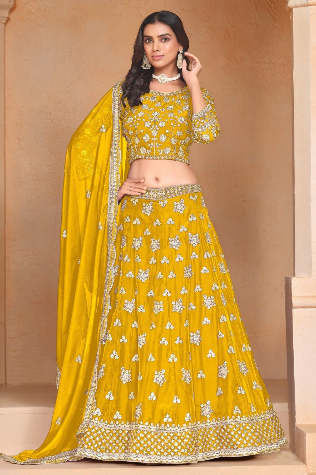 Corn Yellow Designer Party Lehenga Set With Sequin And Zari Work
