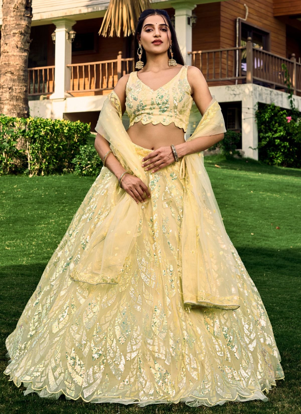 Pastel Yellow Premium Party Lehenga Set With Sequin Work