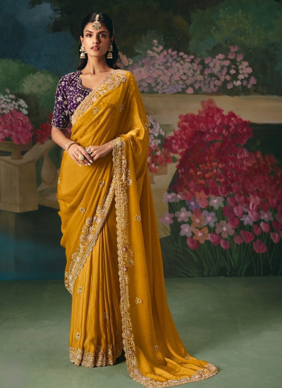 Mustard Yellow Wedding & Party Fancy Saree With Premium Blouse Piece