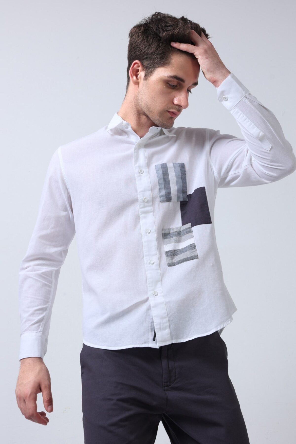 Retro Style Men Shirt with Patched Details | White