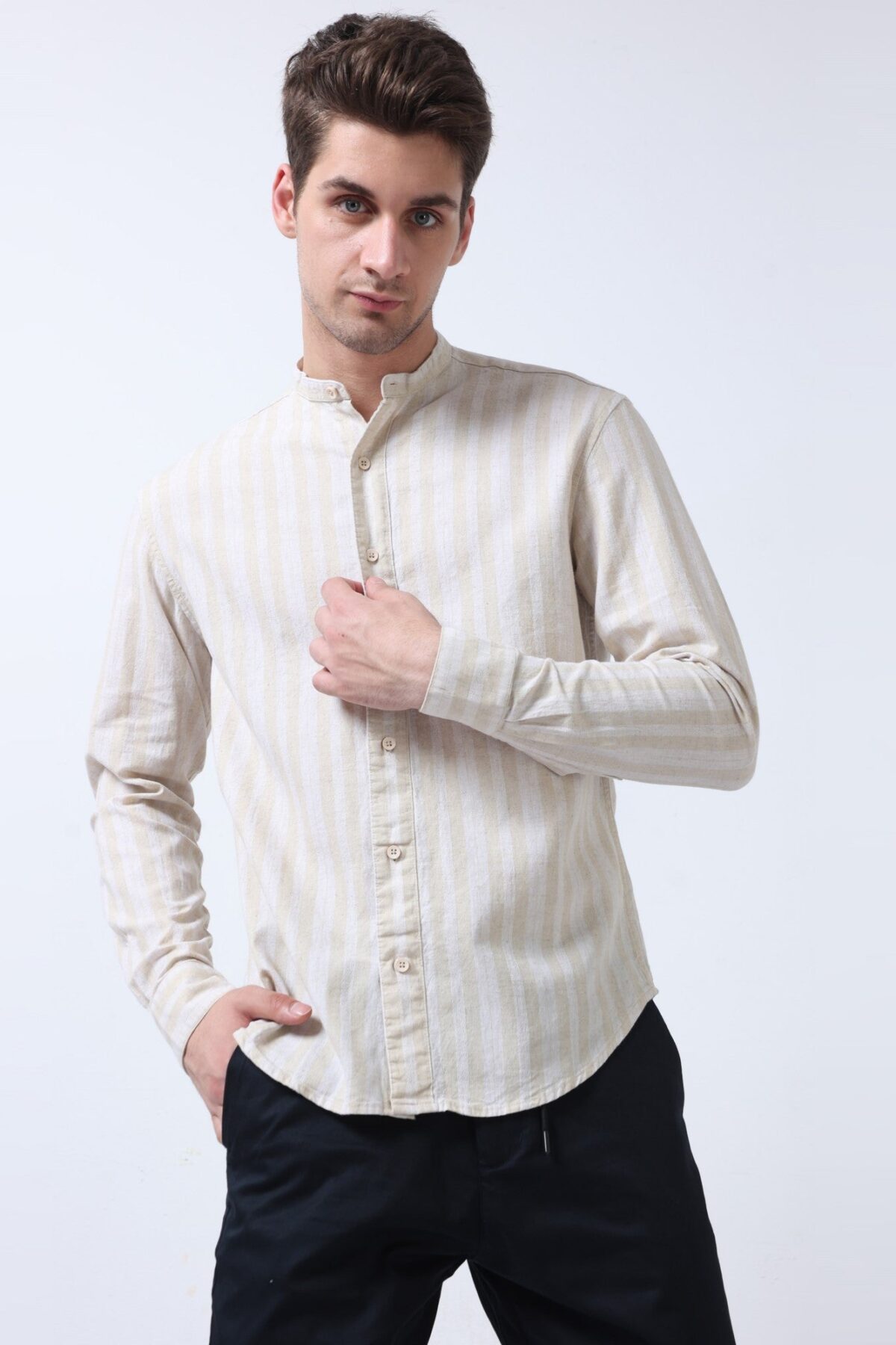Cream Classic Mandarin Collar Shirt for Men