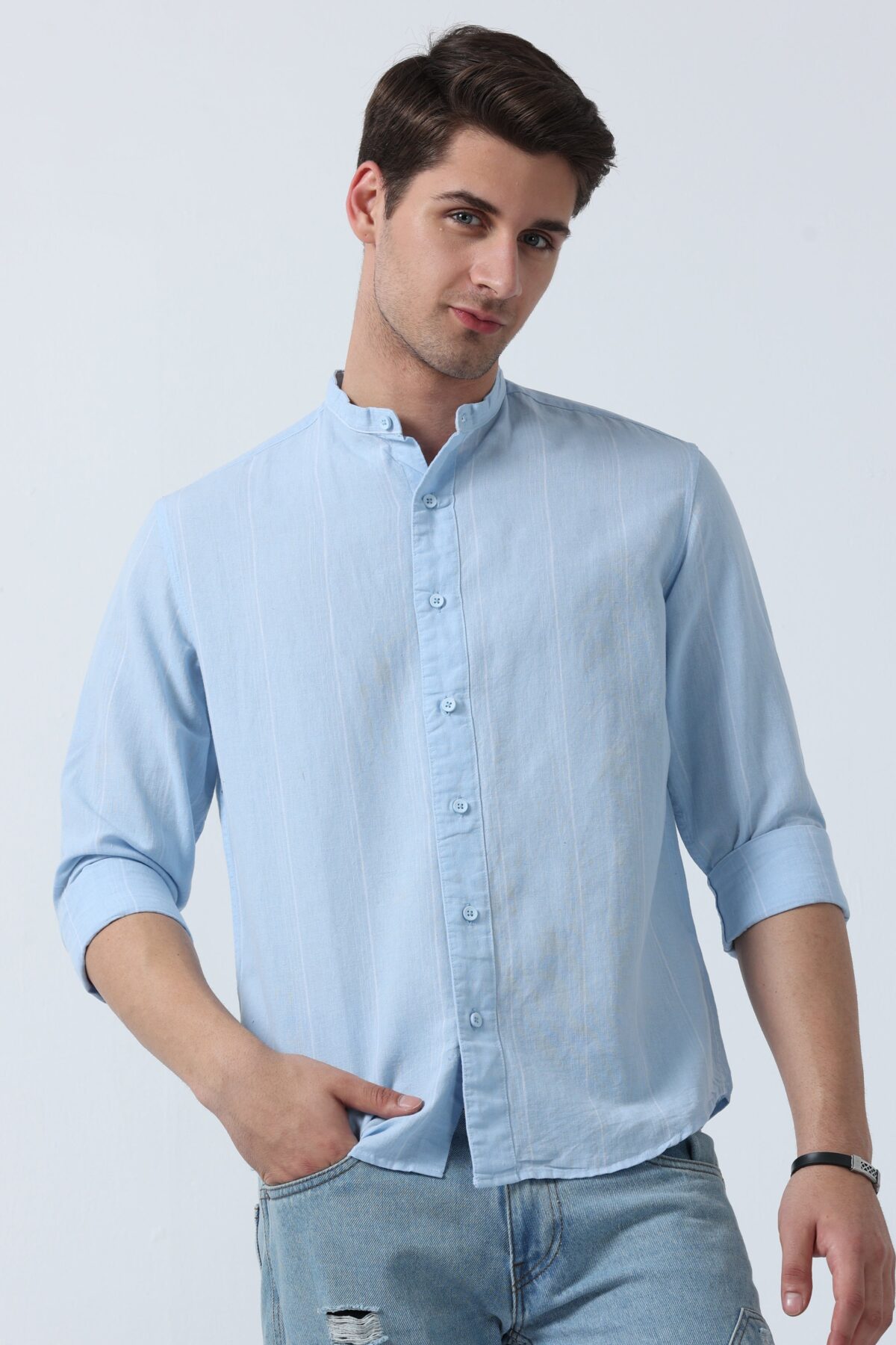 Mandarin Collar Men Full Sleeve Shirt with Pinstripes