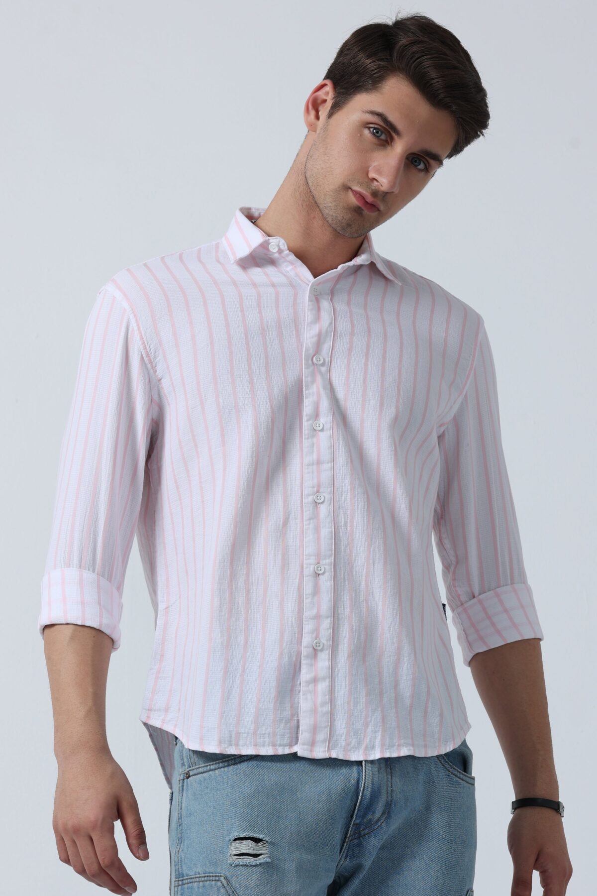 Pink Striped Full Sleeve Shirt for Men