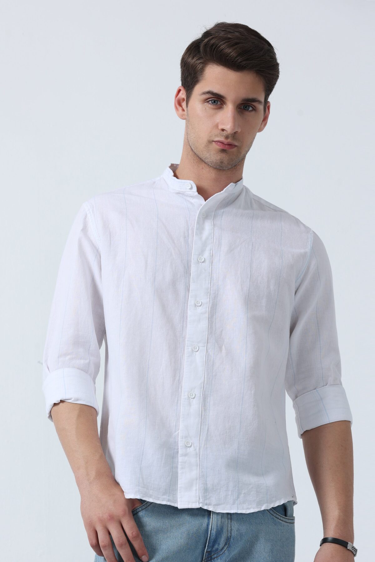 Full Sleeve Men Shirt with Pinstriped Mandarin Collar