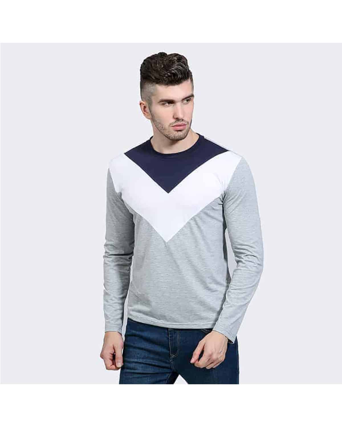 Chevron Pattern Cut-Sew Cotton T-Shirt for Men