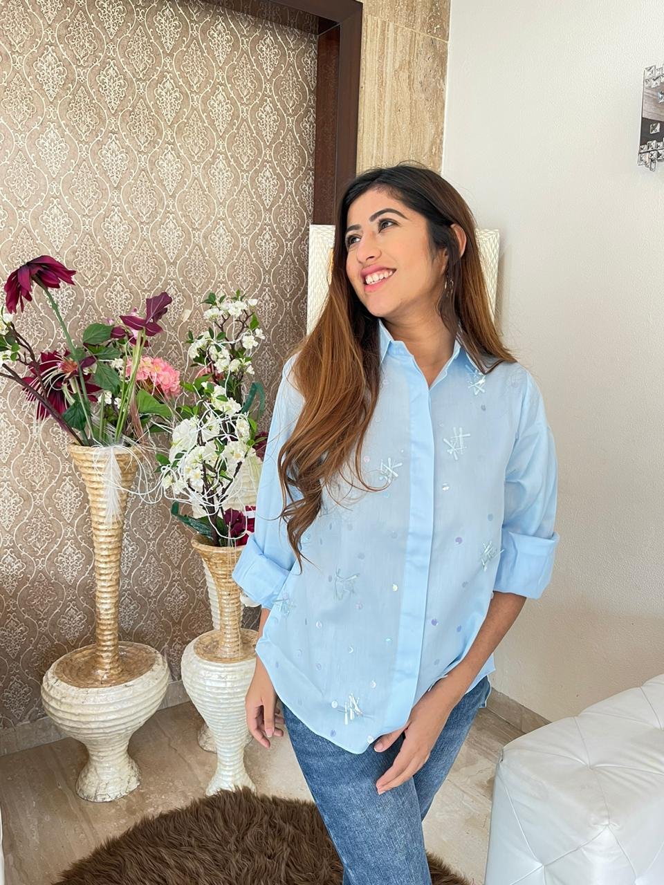 Powder Blue Cotton High Low Shirt