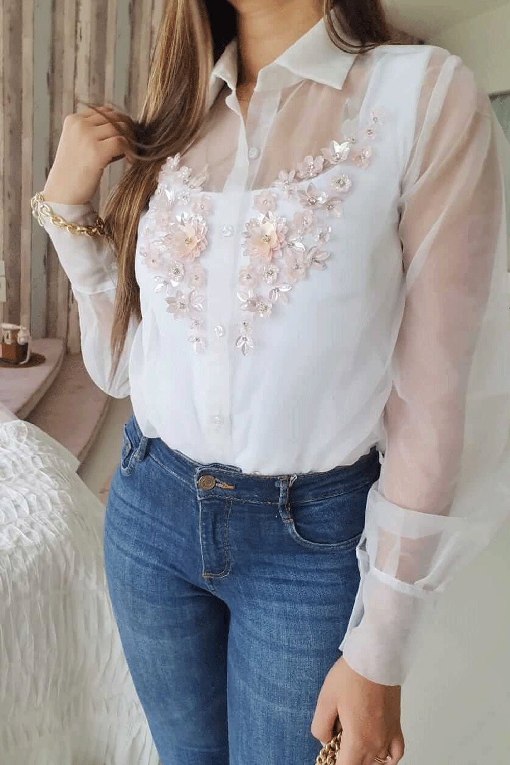 Embellished White organza shirt