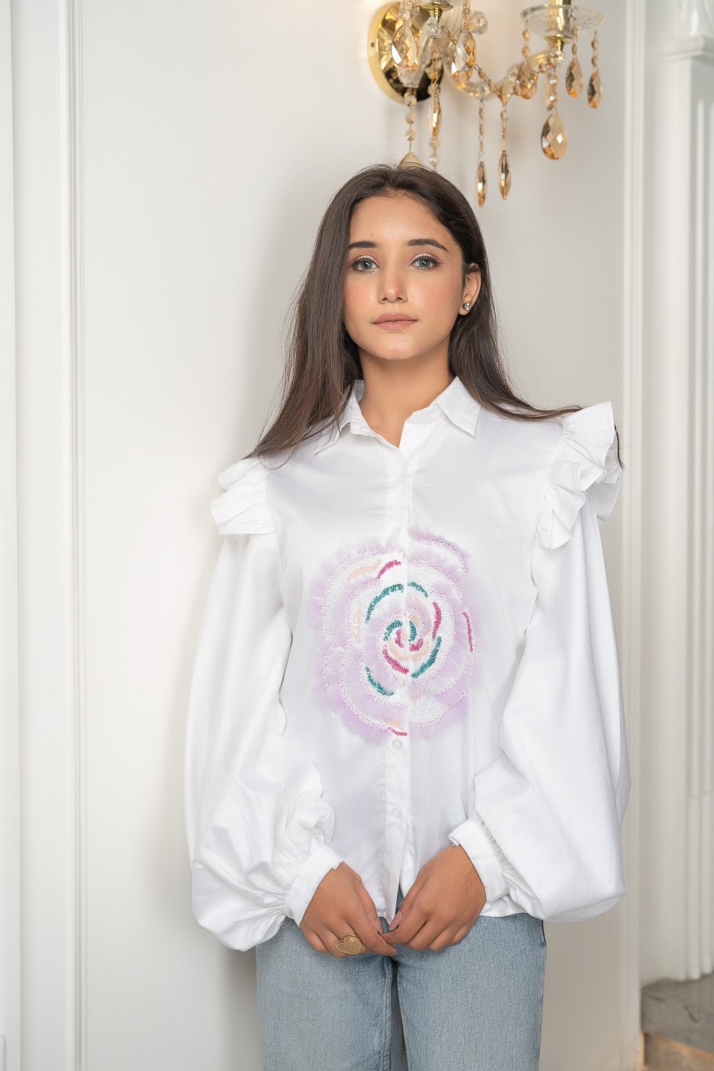 White Floral Ballon Sleeve Shirt