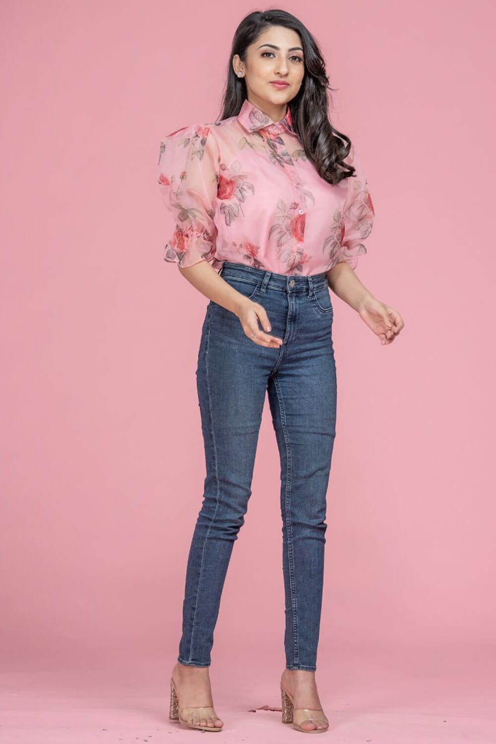 Pink Puff Sleeve Floral Shirt