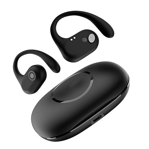 Pure Pods Wireless Black Open Ear Earbuds with AirWave Technology,Up-to 80H Playtime,Quad Mic with ENC