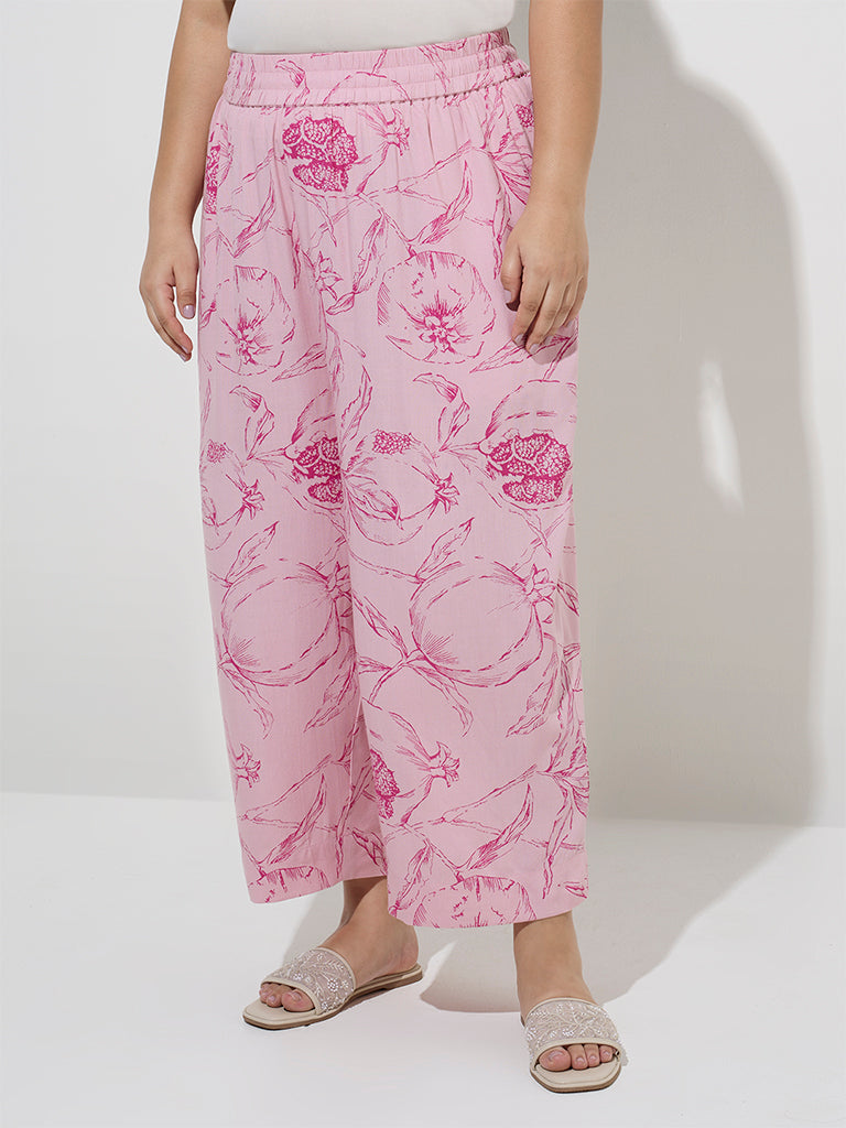 Fast Wear Pink Floral Design Mid-Rise Palazzos