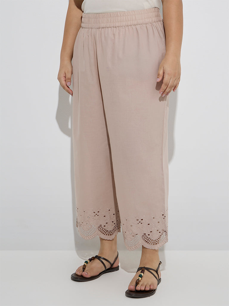Fast Wear Beige Schiffli Detailed Cotton Ethnic Pants