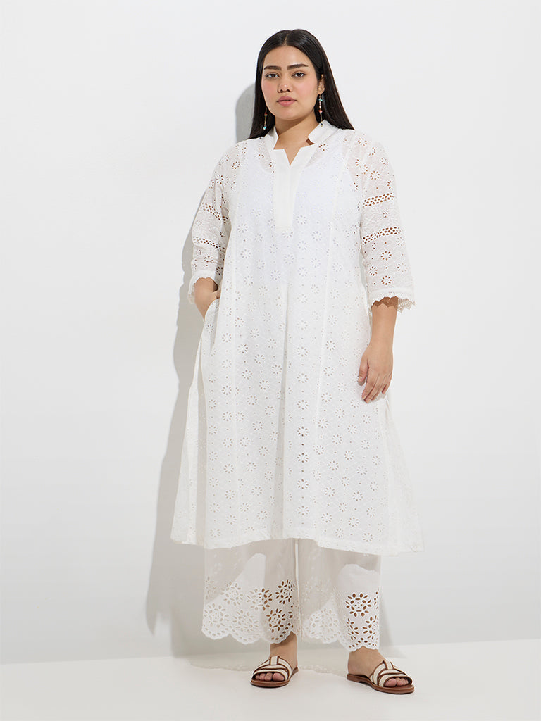Fast Wear White Schiffli Detailed Cotton Ethnic Pants