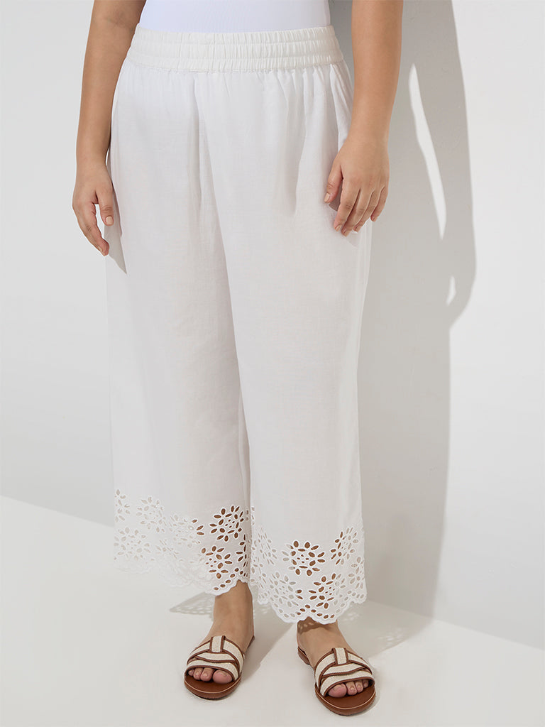 Fast Wear White Schiffli Detailed Cotton Ethnic Pants