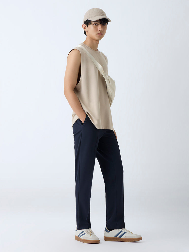 Fast Wear Navy Solid Relaxed-Fit Mid-Rise Cotton Pants