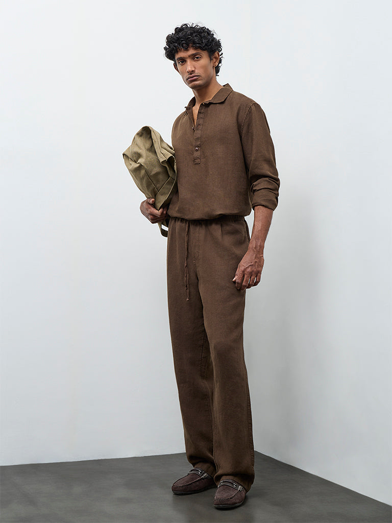 Fast Wear Brown Relaxed-Fit Mid-Rise Linen Chinos
