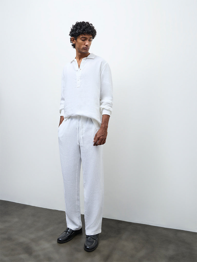 Fast Wear White Relaxed-Fit Mid-Rise Linen Trousers