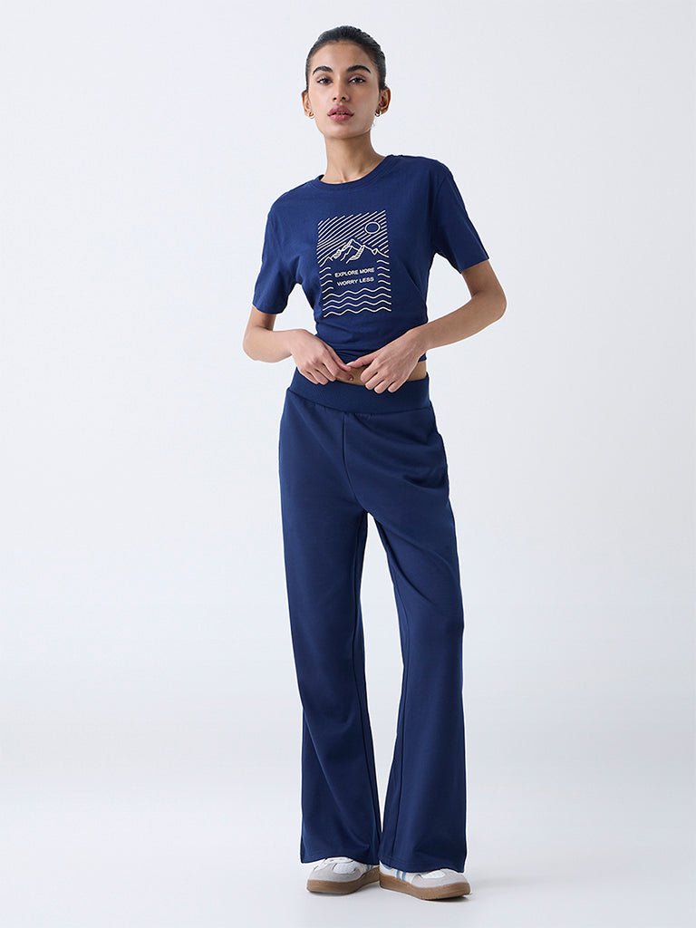 Fast Wear Navy Graphic Printed Cotton T-Shirt
