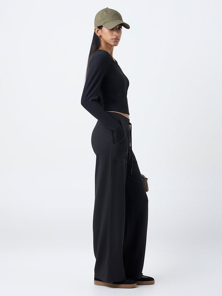 Fast Wear Black Ribbed-Textured T-Shirt
