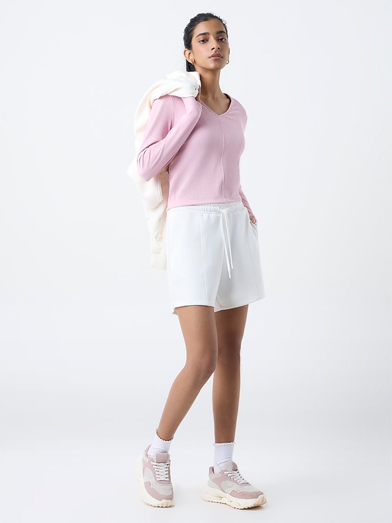 Fast Wear Pink Ribbed-Textured T-Shirt