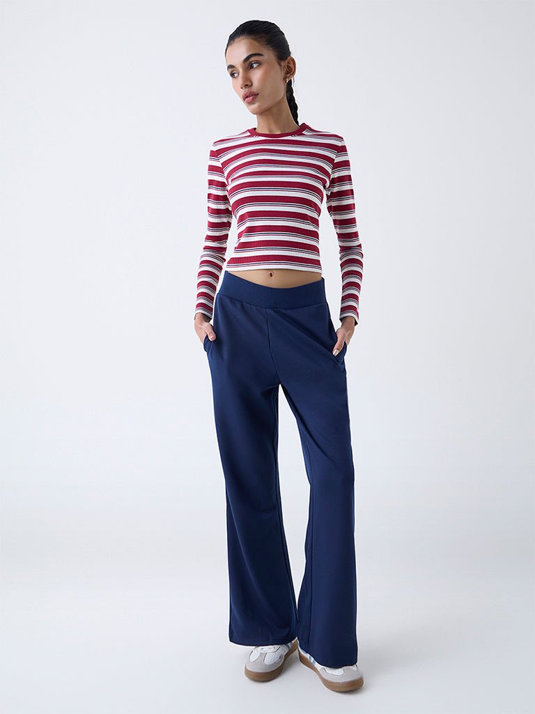 Fast Wear Maroon Striped Cotton-Blend T-Shirt