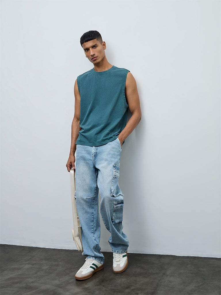 Fast Wear Blue Relaxed-Fit Mid-Rise Cargo Jeans