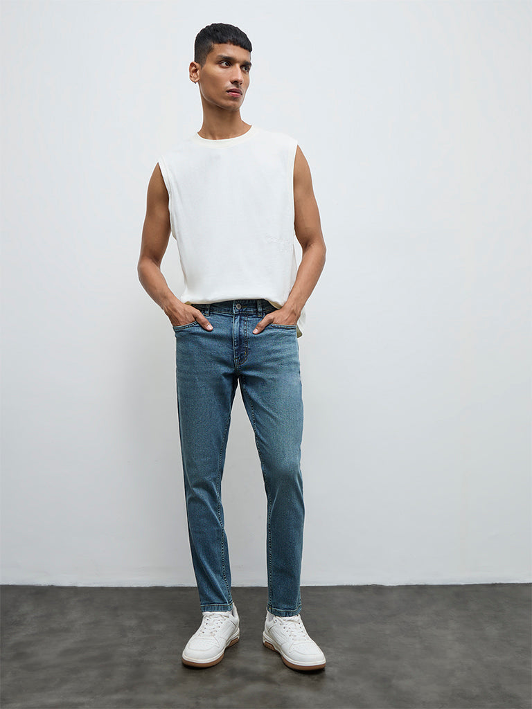 Fast Wear Blue Washed Slim-Fit Mid-Rise Jeans