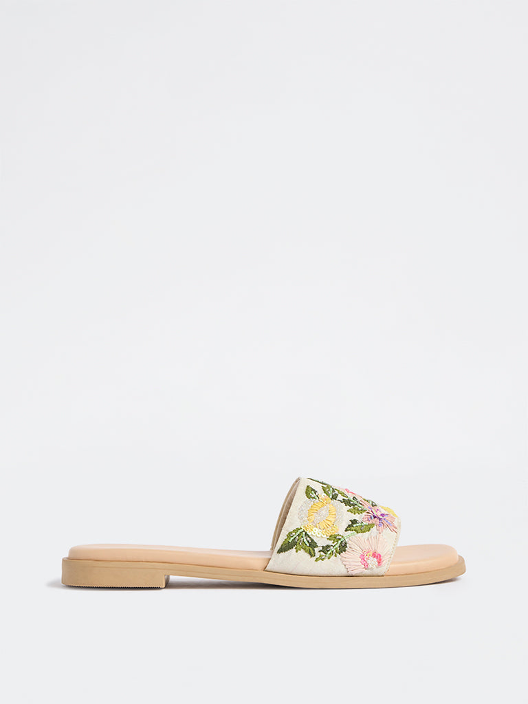 Fast Wear Multicolour Floral Embroidered Slides