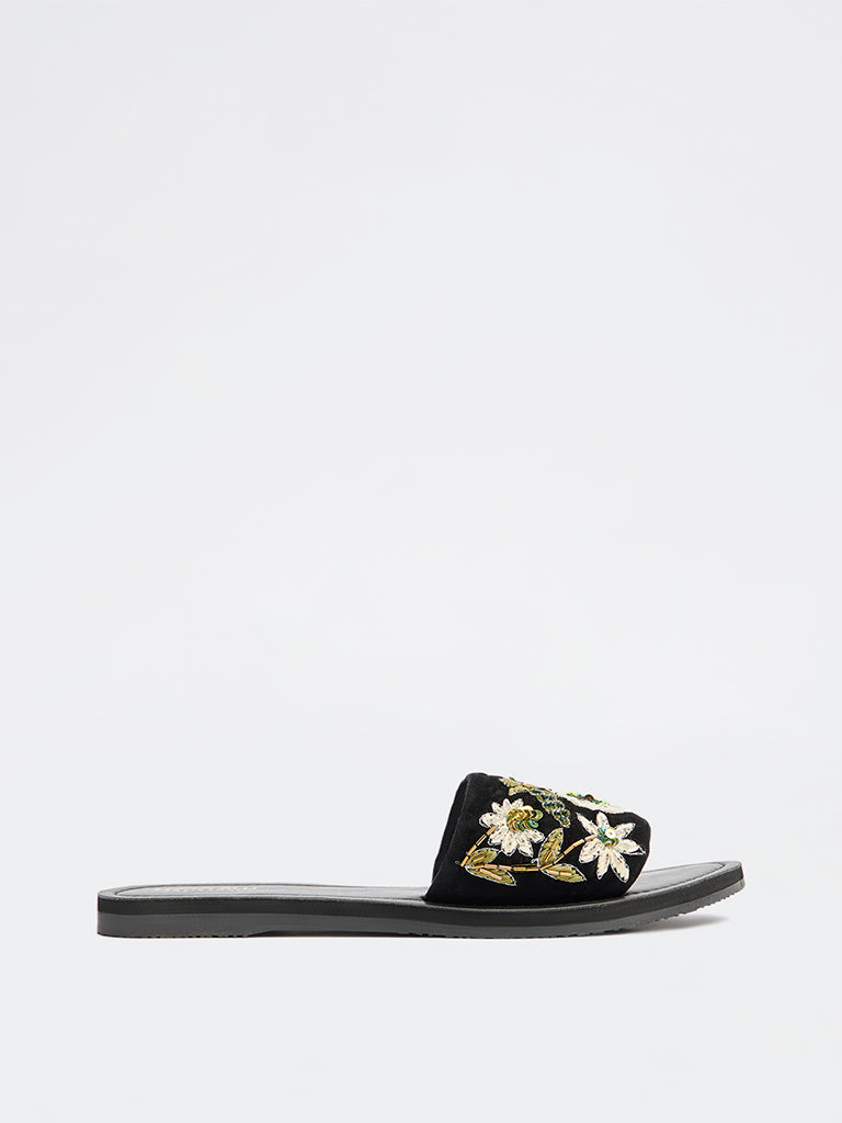 Fast Wear Black Floral Embellished Slides