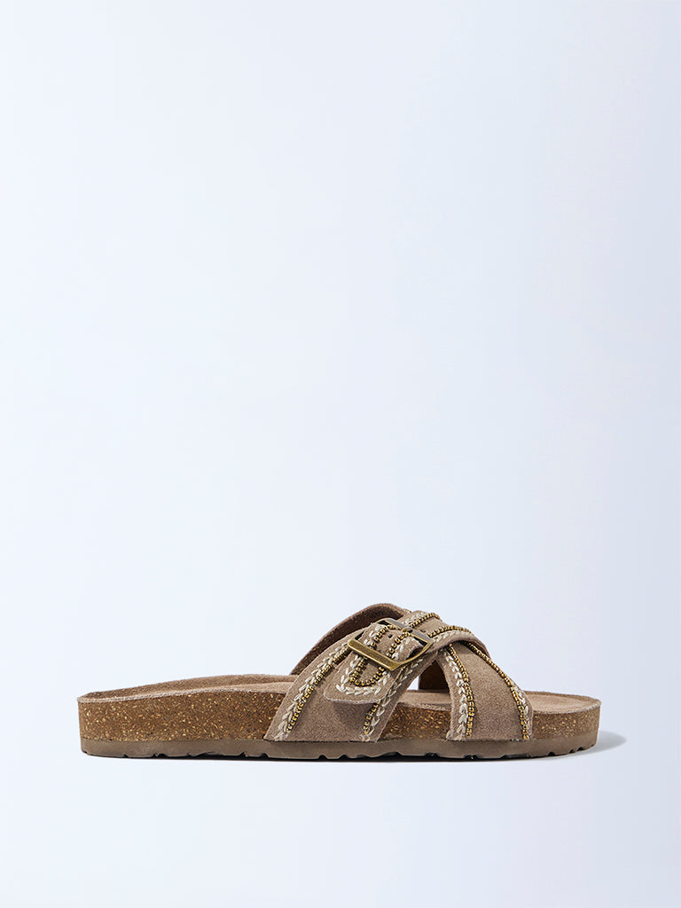 Fast Wear Taupe Criss-Cross Suede Leather Sandals