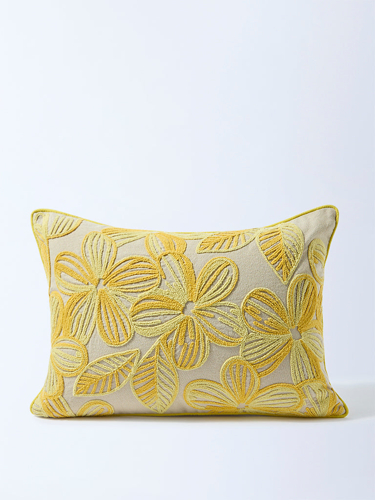 Fast Wear Yellow Floral Embroidered Cushion Cover