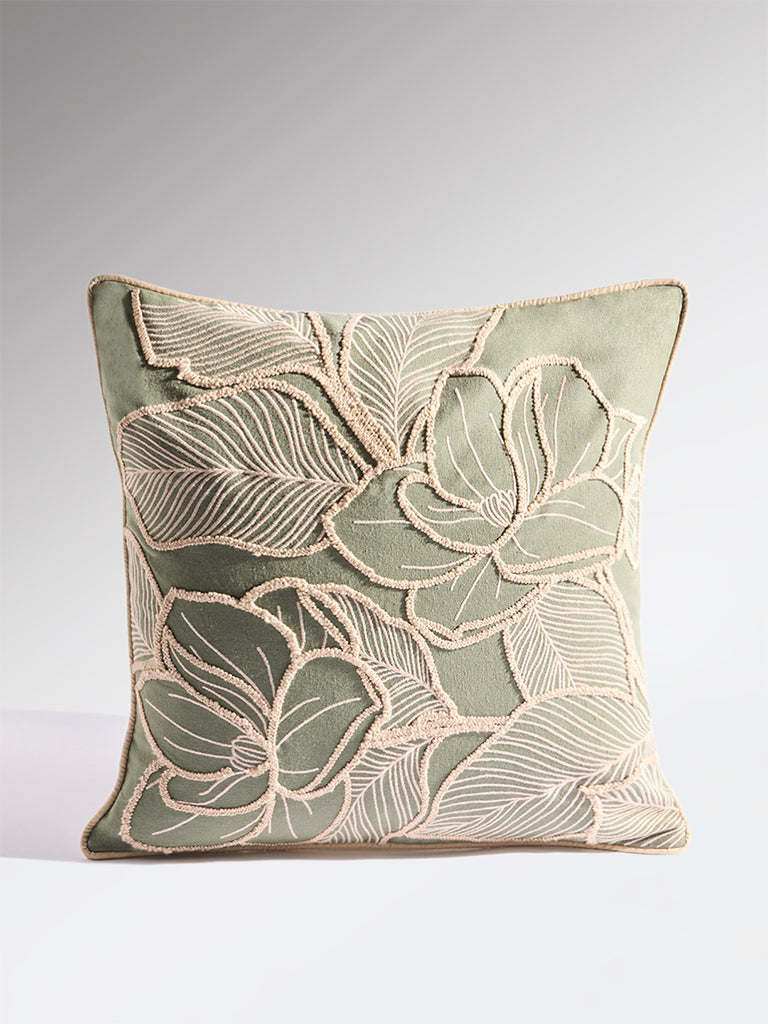 Fast Wear Sage Floral Embroidered Cushion Cover