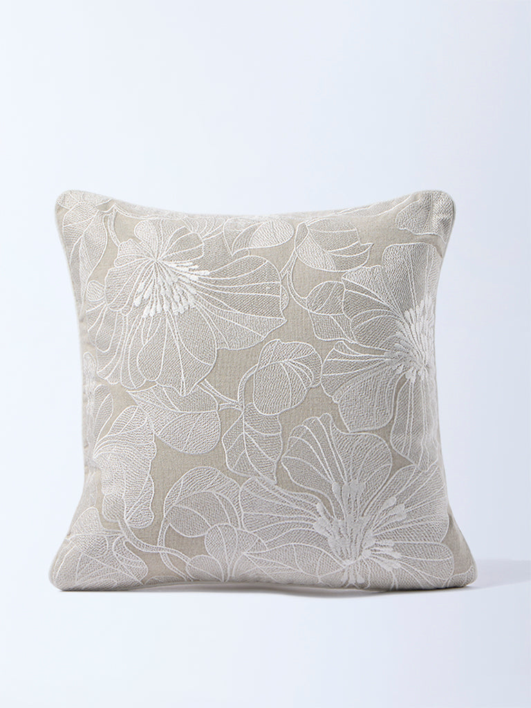 Fast Wear Beige Floral Embroidered Cushion Cover
