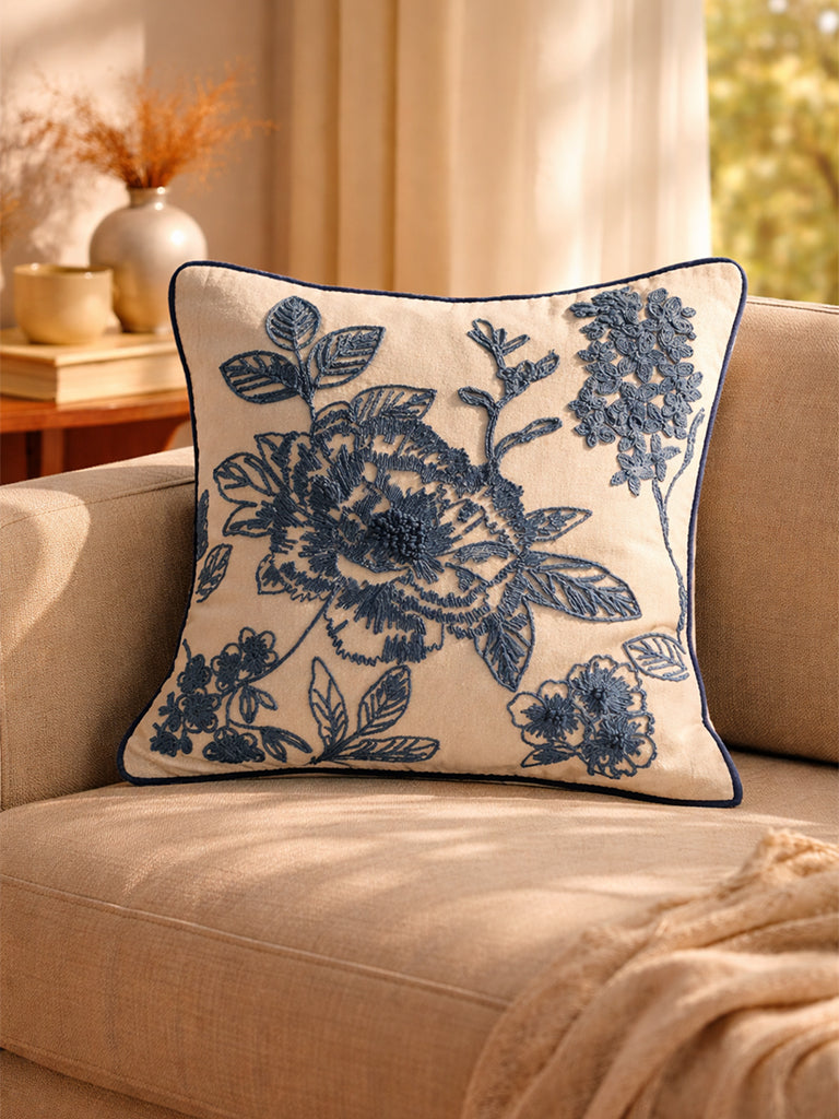 Fast Wear Dark Blue Floral Embroidered Cushion Cover