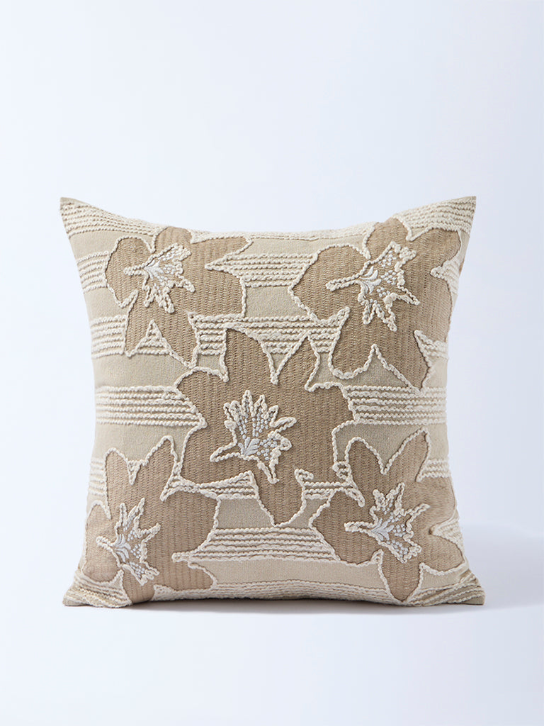 Fast Wear Beige Floral Embroidered Cushion Cover