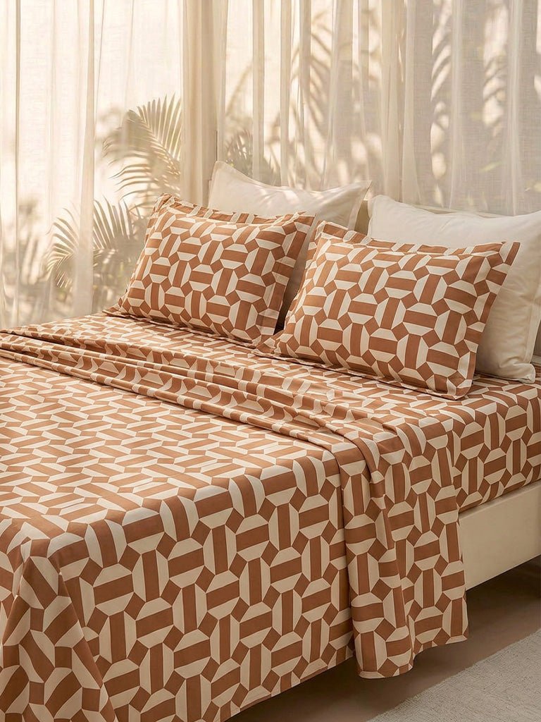 Fast Wear Brown Geometric Design King Bed Sheet Set