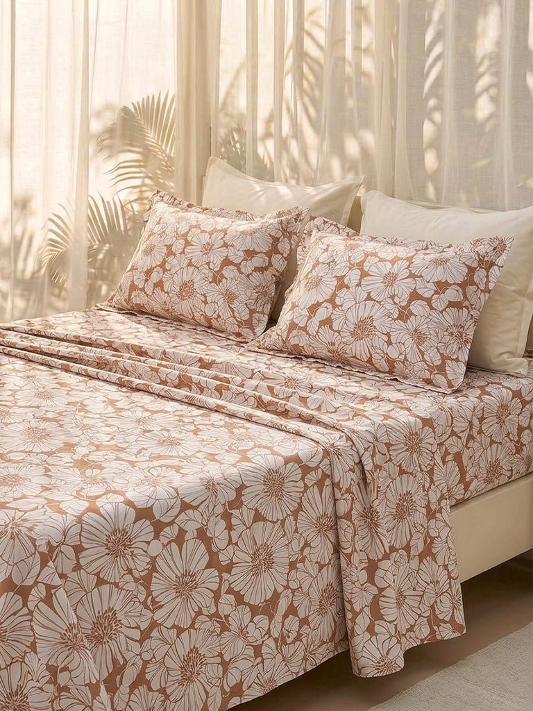 Fast Wear Brown Floral Pattern Queen Bed Sheet Set