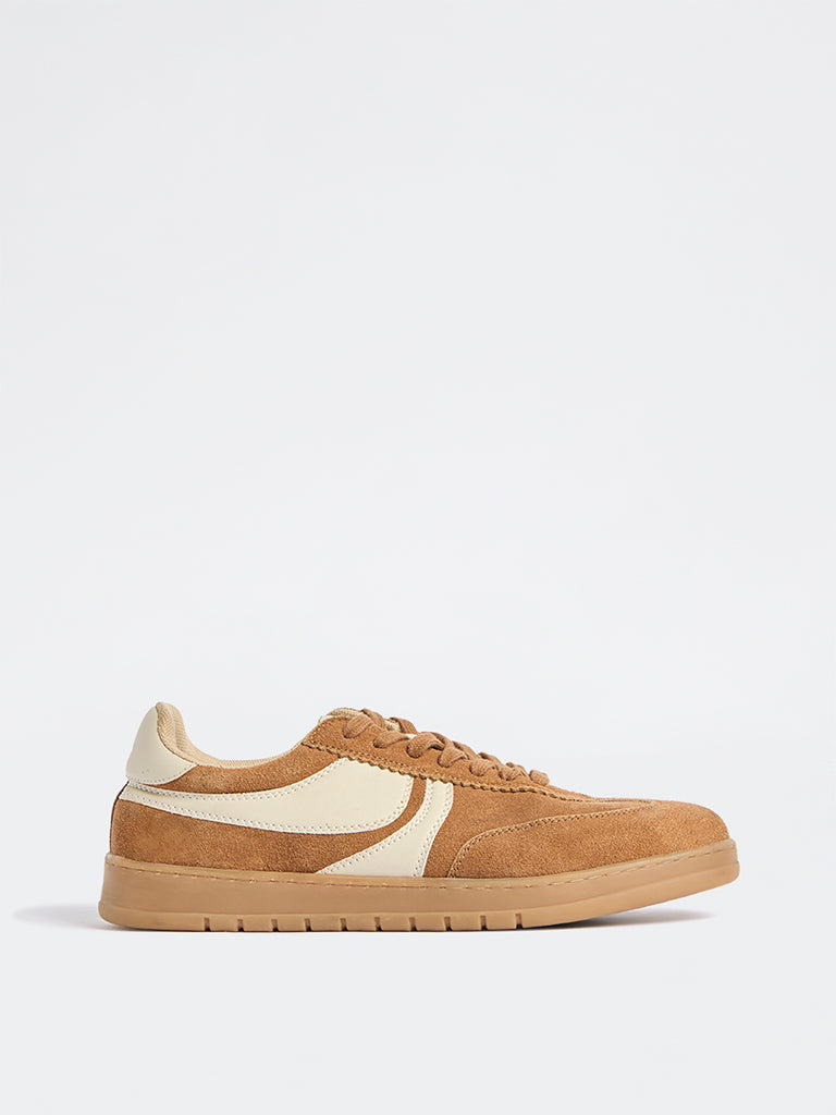 Fast Wear Tan Perforated Lace-Up Suede Sneakers