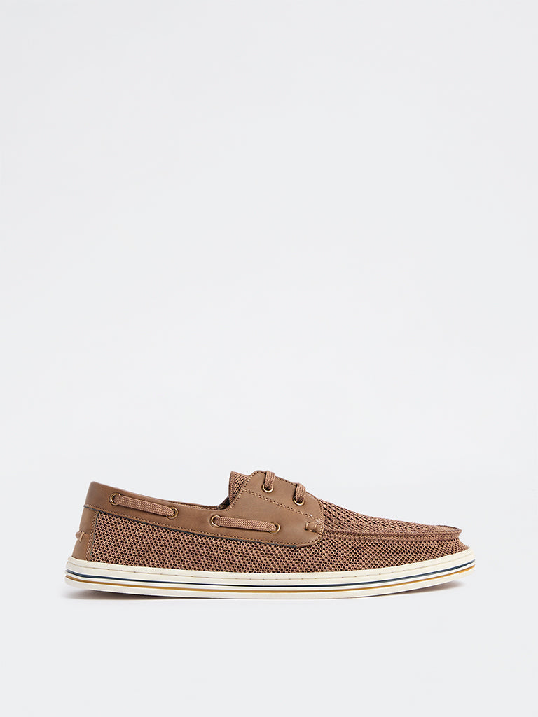 Fast Wear Brown Knit-Textured Lace-Up Sneakers