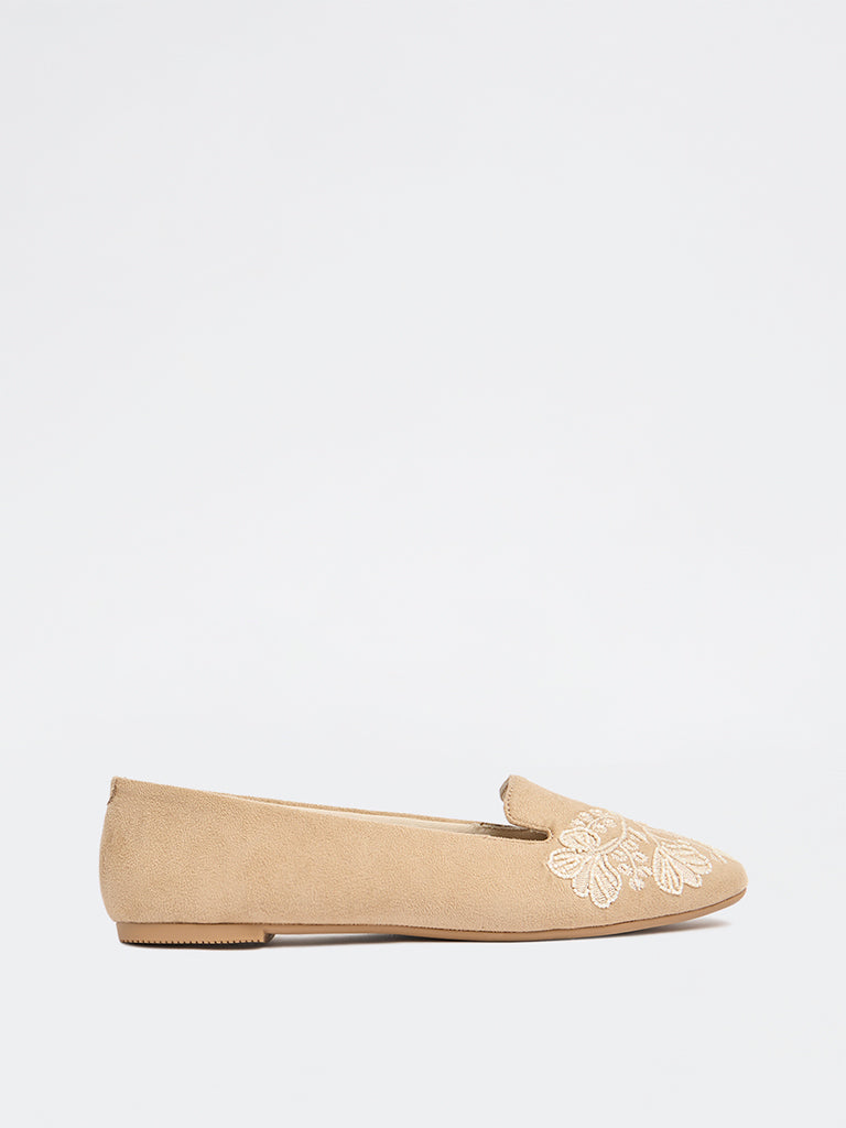 Fast Wear Beige Suede Floral Embroidered Loafers