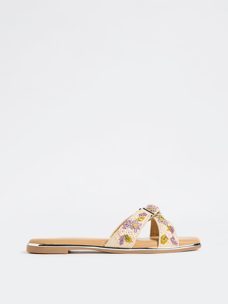 Fast Wear Lilac Floral Embroidered Slides