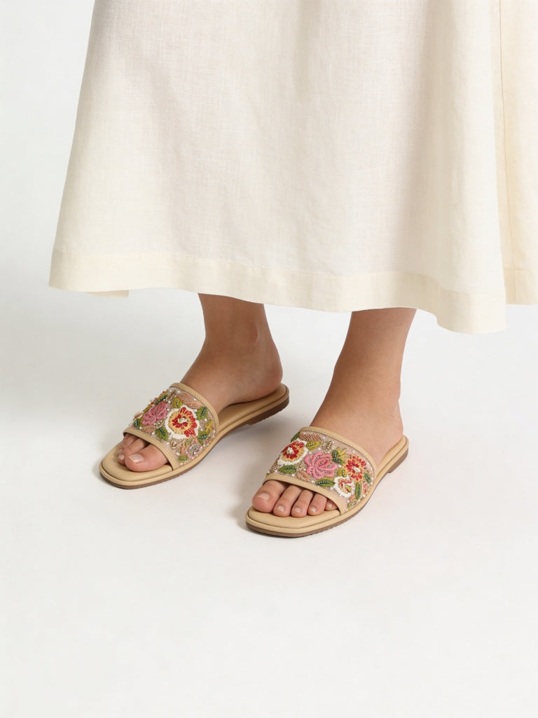 Fast Wear Beige Floral Embroidered Slides