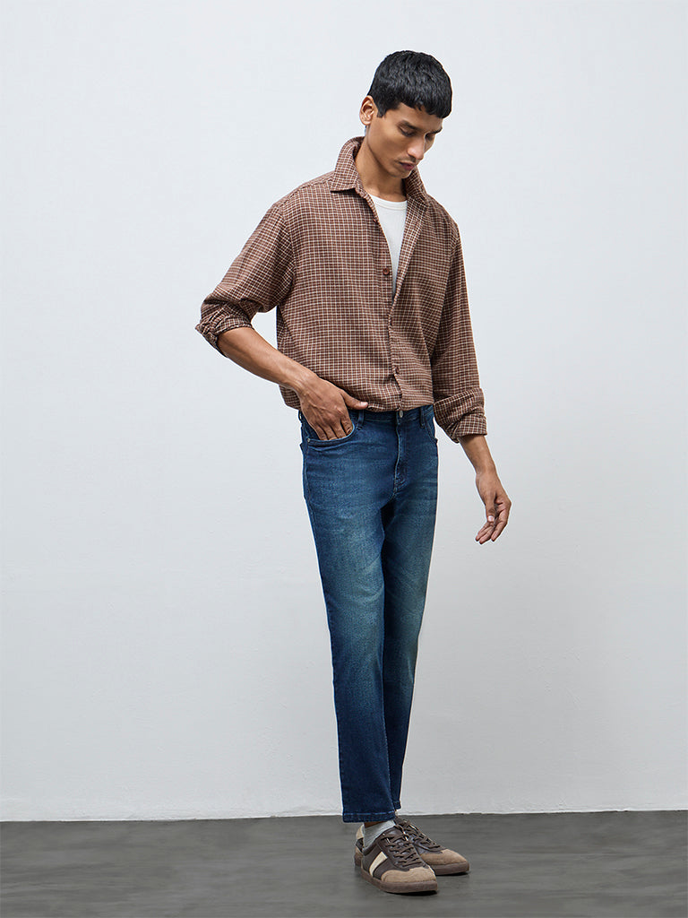 Fast Wear Dark Blue Faded Slim-Fit Mid-Rise Jeans