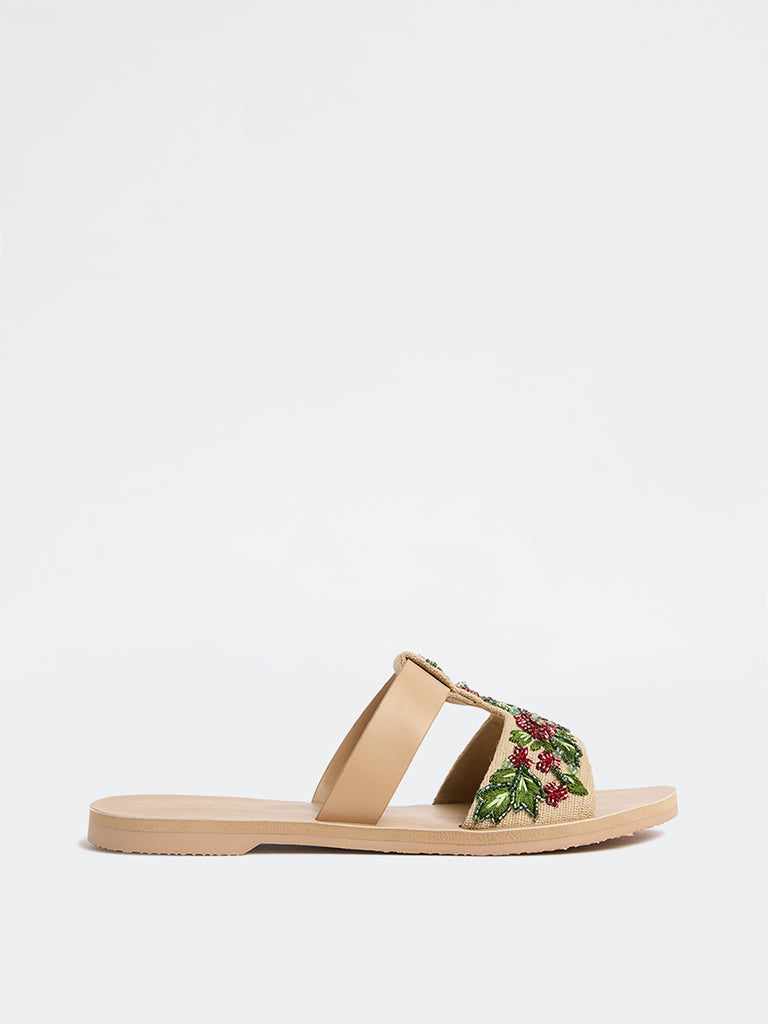 Fast Wear Beige Floral Sequin Embellished Slides