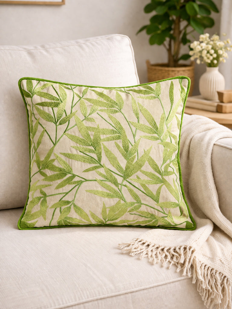 Fast Wear Green Botanical Embroidered Cushion Cover